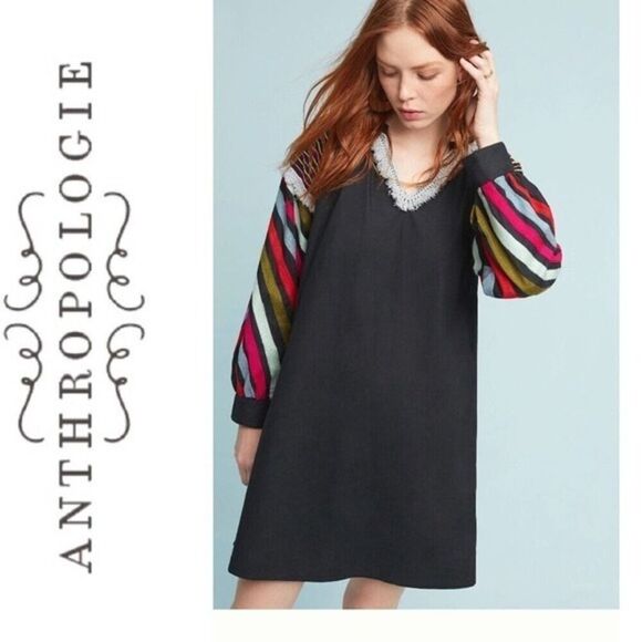 Anthropologie Chantik black long sleeve Chevron Embellished Dress size small - Picture 1 of 12